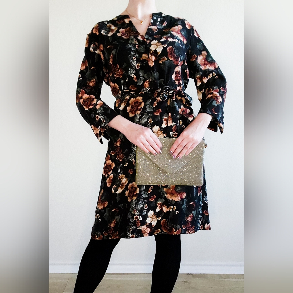 H&M Black Floral Midi Shift Dress, Size 10